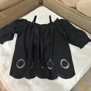 Ann Taylor Loft Black Off/Shoulder Floral Embroidered Hem Top, Size L